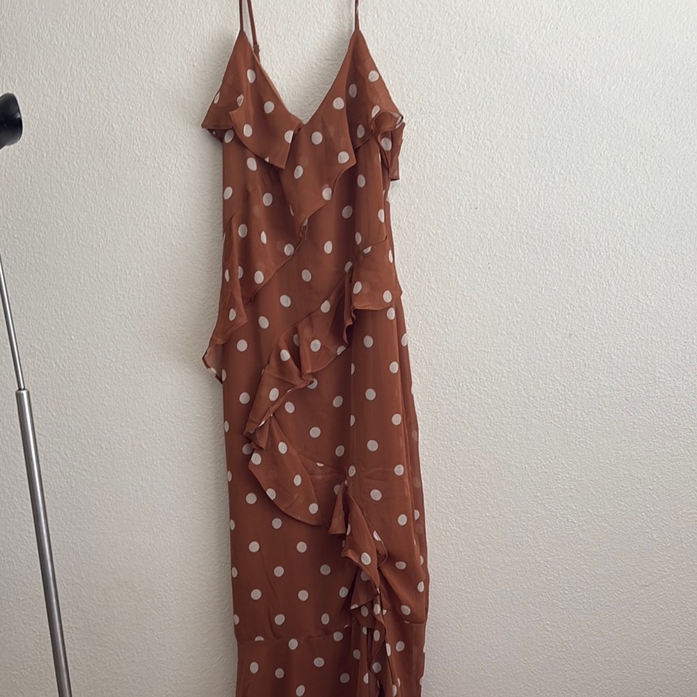 Brown and White Polka Dot Asymmetrical Sundress with Spaghetti Straps - Picture 3 of 8